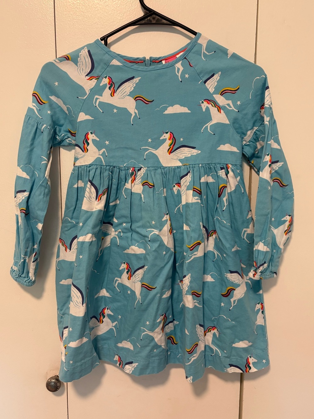 Mini Boden Girls Blue Unicorn With Rainbows Dress Long Sleeve 7-8Years EUC